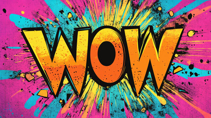 A vibrant pop art style illustration featuring the word 'WOW' in bold yellow and orange colorful letters centered against a dynamic burst background