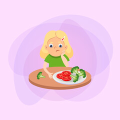 Wall Mural - Picky girl refusing healthy food. Cartoon vector illustration. Child sitting at table and rejecting eating vegetables. Food, health, diet, caprice concept for banner and web design