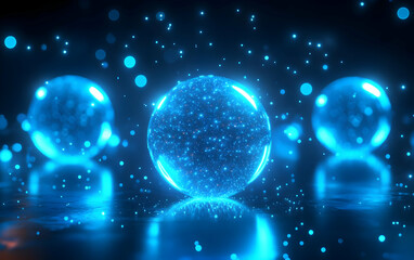 Wall Mural - illuminated blue spheres surrounded by glowing particles, creating a magical, futuristic atmosphere.