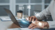 © Have a nice day  - Digital marketing concept with businessman using computer laptop creating online adverts to increase sales. Using social media and websites for traffic and awareness, working in a modern office.