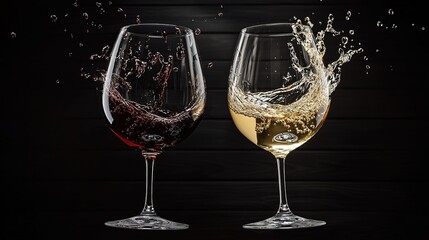 A photo of two elegant, floating wine glasses--one filled with red wine and the other with white wine