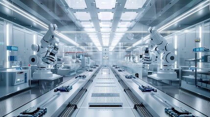 Advanced electric vehicle battery production line with robotic arms assembling lithium-ion cells. Futuristic factory interior featuring conveyor belts, technicians in clean room suits, high-tech machi