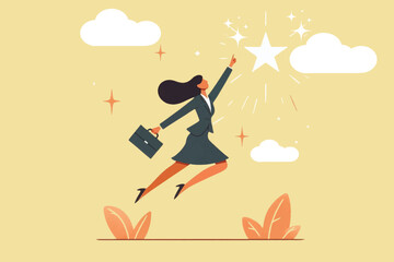 illustration of a career woman jumping in the air reaching for the stars, as a symbol of effort and 