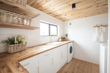 White farmhouse laundry room interior with a wooden ceiling, wicker baskets and a natural wood countertop. Minimalist home decor. White modern cabin or house interior design