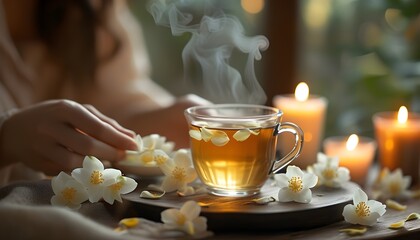 Wall Mural - Tranquil tea ceremony with jasmine, flower petals, and warm candlelight in a peaceful atmosphere