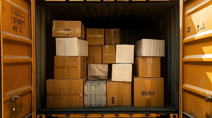 View from inside a cargo hold filled with boxes