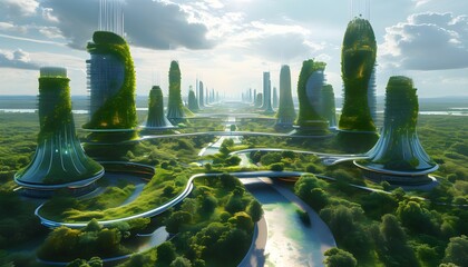 Futuristic eco-friendly city thriving on renewable energy with vibrant greenery and advanced technology