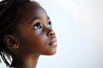 A close-up side view portrait of an African child girl with black skin against a white background,