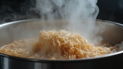 a high-quality image of instant noodles being stirred in a pot, with visible steam and a close-up of