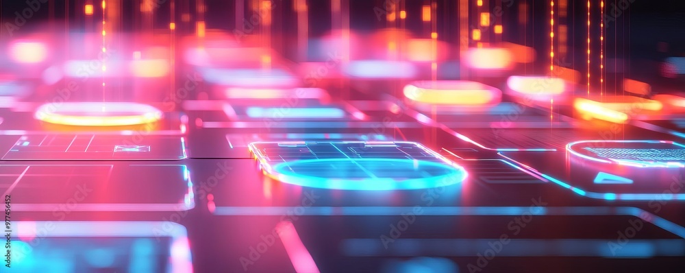 Immersive wireframing tool, holographic layouts, glowing grid elements ...