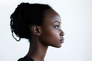 Sticker - Close-up side view portrait of smiling beautiful African woman with radiant dark skin isolated on white background