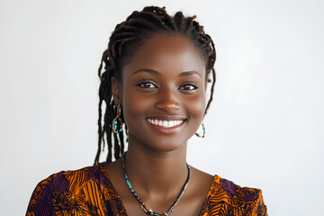 Close-up portrait of smiling beautiful African woman with radiant dark skin isolated on white background