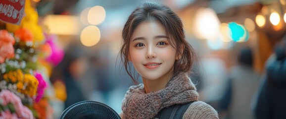 Young Asian Woman Smiling in a Busy Street Market