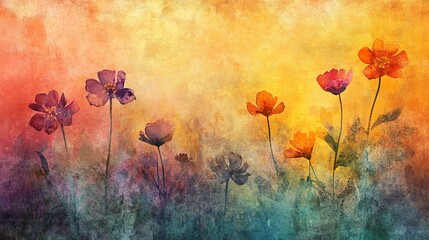 Grunge style beautiful, colorful, abstract art. Paper texture. Colorful painting. Watercolor background with flowers and plants.