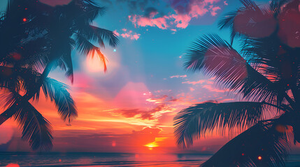 Tropical Paradise: A vibrant sunset paints the sky with hues of pink and orange, illuminating a serene beach scene with palm trees swaying gently in the breeze. The tranquil atmosphere evokes a sense 