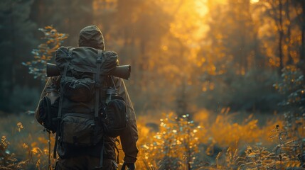 A young traveler with a backpack on a hike. Hiking in the fall forest . Tourist traveler against the background of the forest