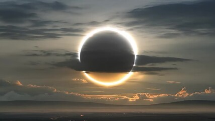 Wall Mural - a solar eclipse with a bright ring around the darkened moon, set against a backdrop of clouds and tw