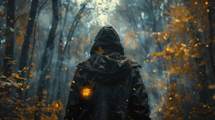 A young traveler with a backpack on a hike. Hiking in the fall forest . Tourist traveler against the background of the forest