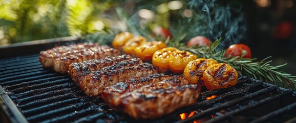 Wall Mural - Close Up of Grilled Meat and Peppers on Barbecue