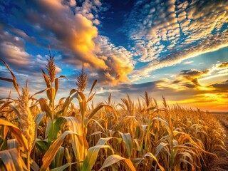 Golden cornstalks sway gently in the breeze, set against a vibrant blue sky with wispy clouds, amidst a serene and idyllic rural landscape at sunset.