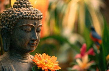 Wall Mural - A Buddha statue with flowers and birds in the background, beautiful colors