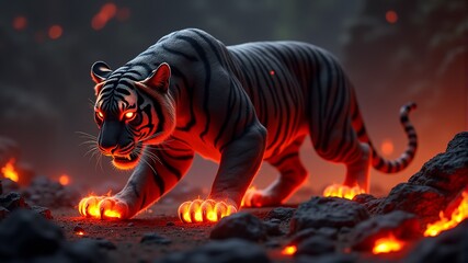 Wall Mural - a tiger with glowing eyes is walking on the ground.