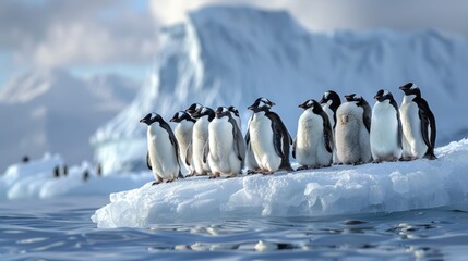 a group of penguins on the ice against a background of icebergs. many penguins on an ice floe in the