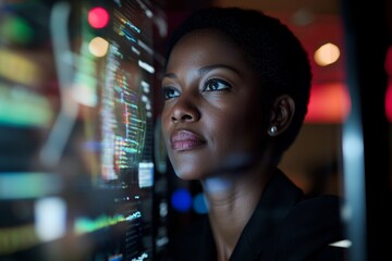 Poster - A black woman working in an office with a futuristic graphical user interface. ICT (Information Communication Technology). System engineering.