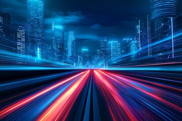 Leinwandbilder - Using speed light trails, we will be able to see a contemporary smart city and skyscrapers town with futuristic technology, future virtual reality, motion effects, high speed light, and Stock (AI).