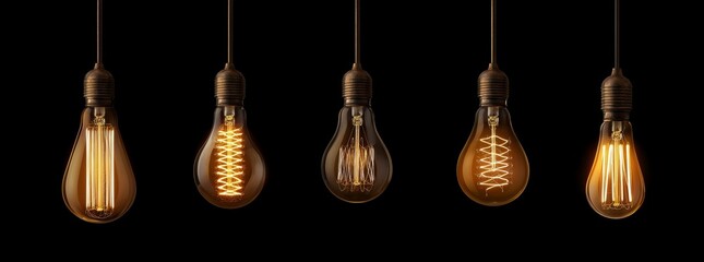 Fototapete - A set of vintage glowing light bulbs on a black background
