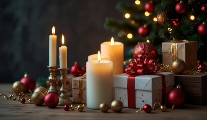 Holiday-themed still life with candles, Christmas decorations, and gifts, cozy intimacy feeling - Generative AI