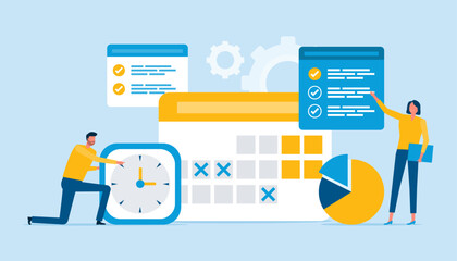 Poster - Business planning concept and Business people team working with digital calendar online. Flat vector illustration design
