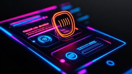 Voice UI prototyping tool, holographic speech commands, glowing response visualizations, futuristic design interface