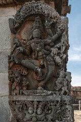 Intricate carvings and sculptures of the Hoysala temples in Belur, India.