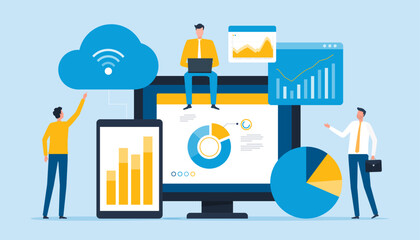 Poster - business data analytics. business technology cloud computing service. finance investment. people team working. flat vector illustration.
