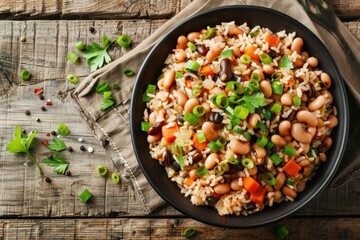 Wall Mural - a bowl of traditional Southern Hoppin' John made with black-eyed peas, rice, and vegetables, garnished with green onions, top-down composition, bright natural lighting, rustic wooden table background