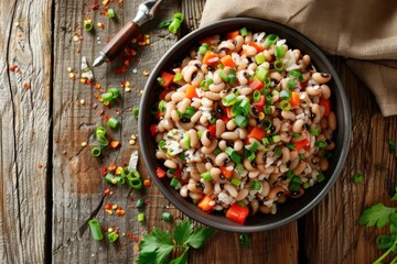 Wall Mural - A bowl of traditional Southern dish Hoppin' John made with black-eyed beans, rice and vegetables garnished with green onions, linen napkin, bright natural light, rustic wood table in background.