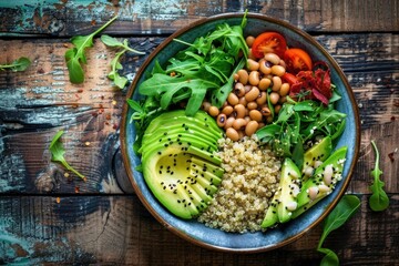 Wall Mural - Healthy vegan bowl with black eyed beans, quinoa, avocado, tomatoes and herbs, beautifully arranged, top down arrangement, natural daylight, rustic wood table