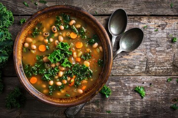 Wall Mural - healthy vegetarian soup made with black eyed beans, carrots, cabbage and spices, served in a rustic bowl with spoons on the side, top view, Copy space