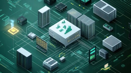 A comprehensive IT architecture diagram showing how data flows between a central data center, servers, and cloud platforms, ensuring scalable and secure IT operations.