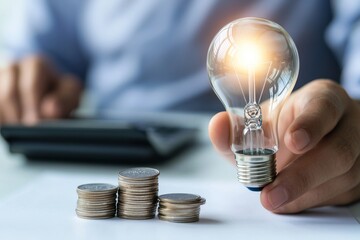 Poster - Lightbulb holder with calculator to calculate and money stack in office. Idea of saving energy and accounting finance.