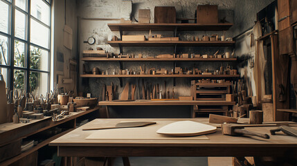 A cozy corner in an artisan workshop with vintage tools, rustic wood shelves, and handcrafted items in various stages of completion