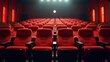 © SerPak - An empty modern cinema theater featuring comfortable red seats with an illuminated screen, evoking memories of the excitement and anticipation of movie experiences.