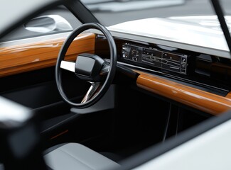 Poster - This is a close-up view of a digital speedometer with a head-up display on wooden tray. The image is created using 3D rendering software.