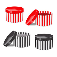 Wall Mural - round cardboard gift box with separate lift-off lid. red, black and white striped design. realistic 