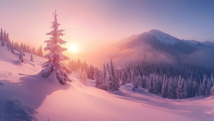 Poster - Stunning orange winter landscape in snowy mountains surrounded by snowy trees. Christmas holiday concept. Carpathians mountain, Ukraine, Europe.