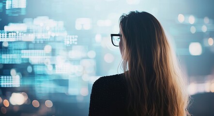 Fototapete - A businesswoman in glasses stands next to a display