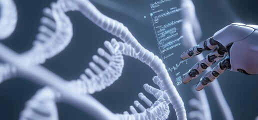 Poster - A cyborg hand is holding a futuristic template hud for a medical interface in 3D