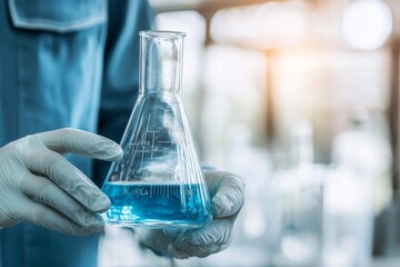 Aufkleber - Hand holding flask with lab glassware in chemical laboratory, concept image for research and development in science laboratories