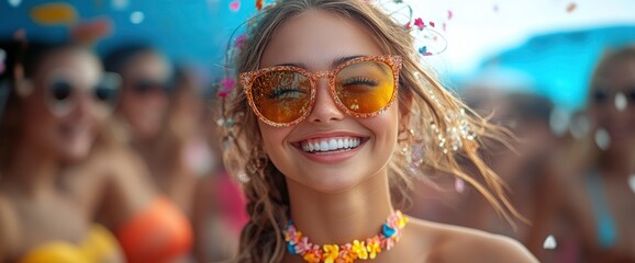 Wall Mural - Happy Woman at a Festival with Confetti